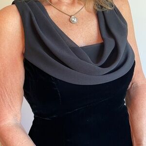 Wedding guest dress with soft cowl and velvet dress